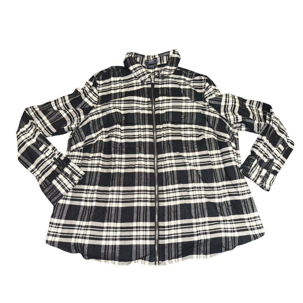 Womens Chaps Black White Plaid Full Zip Flannel Shirt Sz 2X